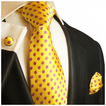 Krawatte gelb pink gepunktet Seidenkrawatte - Seide - Krawatte mit Einstecktuch und Manschettenknöpfe