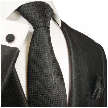 Krawatte schwarz uni Seidenkrawatte - Seide - Krawatte mit Einstecktuch und Manschettenknöpfe