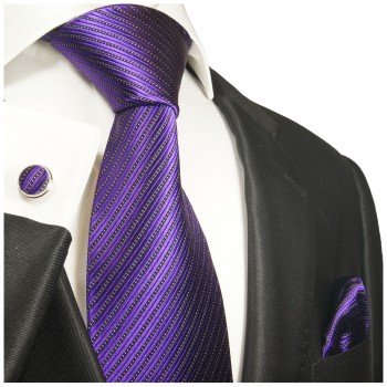 Krawatte lila uni Seidenkrawatte - Seide - Krawatte mit Einstecktuch und Manschettenknöpfe