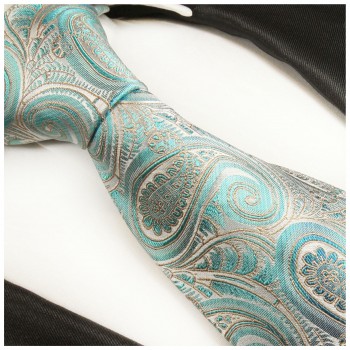 Krawatte türkis paisley Seidenkrawatte - Seide - Krawatte mit Einstecktuch und Manschettenknöpfe