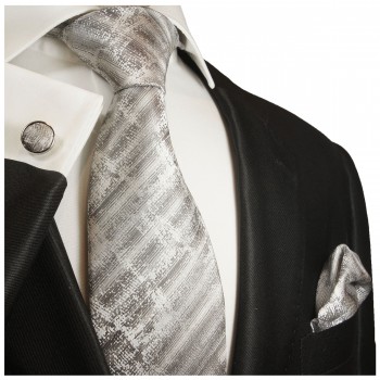 Krawatte grau gestreift Seidenkrawatte - Seide - Krawatte mit Einstecktuch und Manschettenknöpfe