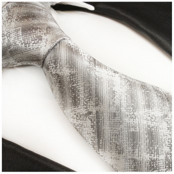 Krawatte grau gestreift Seidenkrawatte - Seide - Krawatte mit Einstecktuch und Manschettenknöpfe