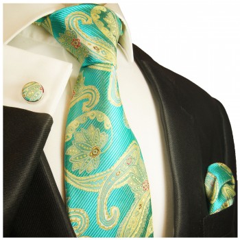 Turquoise yellow necktie set 3pcs + handkerchief + cufflinks 2024
