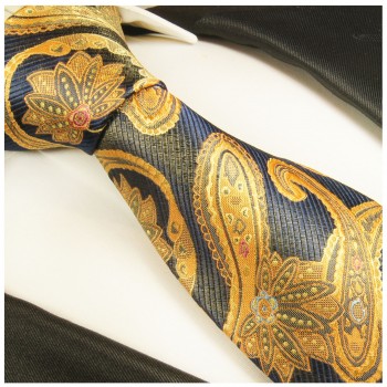 Krawatte blau gold paisley Seidenkrawatte - Seide - Krawatte mit Einstecktuch und Manschettenknöpfe