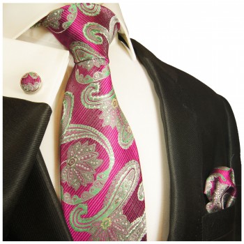 Krawatte pink grün paisley Seidenkrawatte - Seide - Krawatte mit Einstecktuch und Manschettenknöpfe