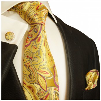 Yellow pink paisley necktie set 3pcs + handkerchief + cufflinks 2028