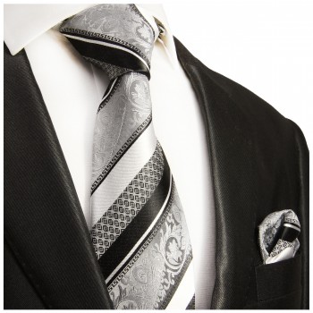 Silber schwarzes Krawatten Set 2tlg Seidenkrawatte + Einstecktuch 382
