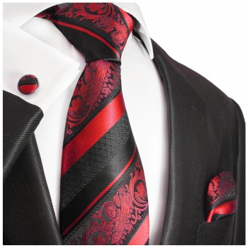 Red black necktie set 3pcs + handkerchief + cufflinks 383