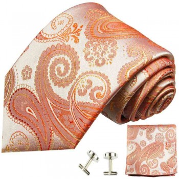 Krawatte Koralle paisley Seidenkrawatte - Seide - Krawatte mit Einstecktuch und Manschettenknöpfe