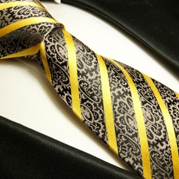 Schwarz gold XL Krawatten Set 3tlg. (extra lange 165cm) 100% Seide + Einstecktuch + Manschettenknöpfe 931