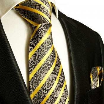 Gold schwarzes extra langes XL Krawatten Set 2tlg. 100% Seidenkrawatte + Einstecktuch by Paul Malone 931