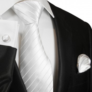 Krawatte weiß uni gestreift Seide mit Einstecktuch und Manschettenknöpfe