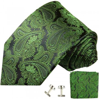 Krawatte grün paisley Seidenkrawatte - Seide - Krawatte mit Einstecktuch und Manschettenknöpfe