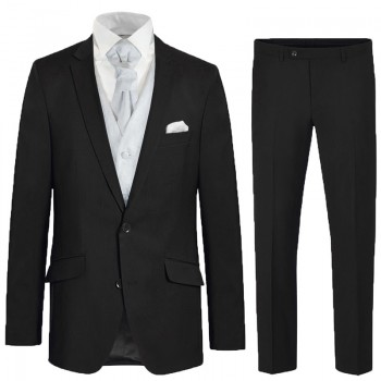 Eleganter schwarzer Anzug für den Bräutigam 6tlg - weißer silber floral Hochzeitsweste - Herren Hochzeitsanzug 100% Schurwolle