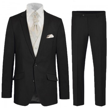 Eleganter schwarzer Anzug für den Bräutigam 6tlg - ivory paisley Hochzeitsweste - Herren Hochzeitsanzug 100% Schurwolle