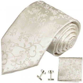 Krawatte ivory floral Seidenkrawatte - Seide - Krawatte mit Einstecktuch und Manschettenknöpfe