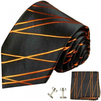 Krawatte schwarz orange gestreift Seidenkrawatte - Seide - Krawatte mit Einstecktuch und Manschettenknöpfe