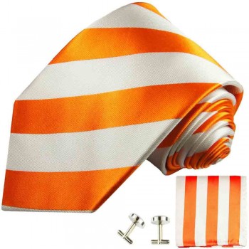 Krawatte orange gestreift Seidenkrawatte - Seide - Krawatte mit Einstecktuch und Manschettenknöpfe