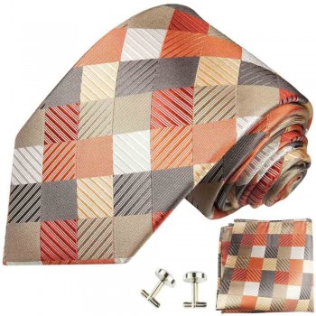 Krawatte orange grau kariert Seidenkrawatte - Seide - Krawatte mit Einstecktuch und Manschettenknöpfe
