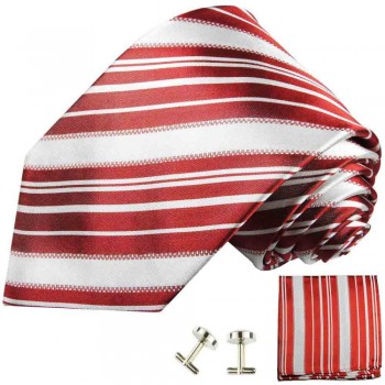 Krawatte rot weiß gestreift Seidenkrawatte - Seide - Krawatte mit Einstecktuch und Manschettenknöpfe