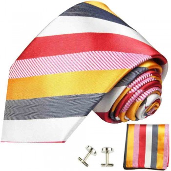 Krawatte rot gold grau gestreift Seidenkrawatte - Seide - Krawatte mit Einstecktuch und Manschettenknöpfe