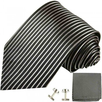Krawatte schwarz silber gestreift Seidenkrawatte - Seide - Krawatte mit Einstecktuch und Manschettenknöpfe