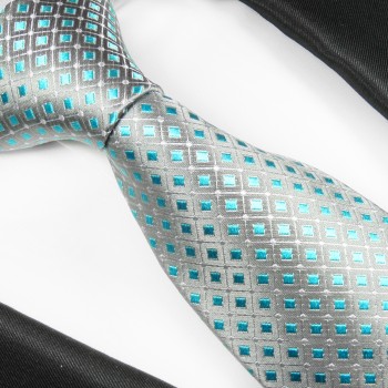 Krawatte türkis silber grau 100% Seide kariert 2059
