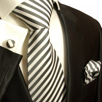 Black white necktie set 3pcs + handkerchief + cufflinks 112