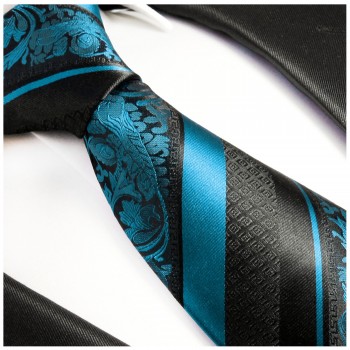 Krawatte aqua blau schwarz 100% Seide barock gestreift  2036