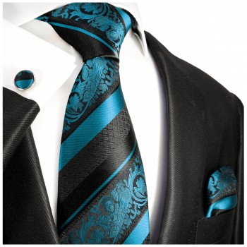 Krawatte schwarz blau barock gestreift Seidenkrawatte - Seide - Krawatte mit Einstecktuch und Manschettenknöpfe