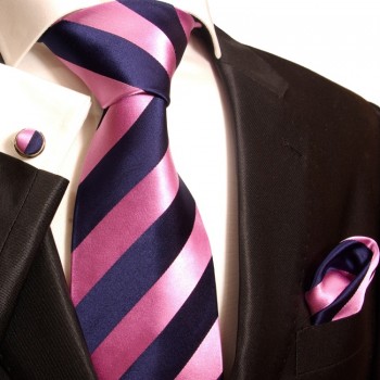 Blue pink necktie set 3pcs + handkerchief + cufflinks 453