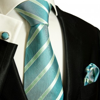 Blue green necktie set 3pcs + handkerchief + cufflinks 715