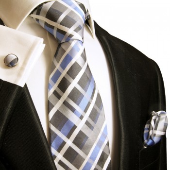 Blue gray tartan necktie set 100% silk tie + handkerchief + cufflinks 991