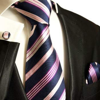 Blue pink necktie set 3pcs + handkerchief + cufflinks 608