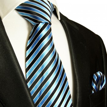 Schwarz blaue Krawatten Set 2tlg Seidenkrawatte + Einstecktuch 831
