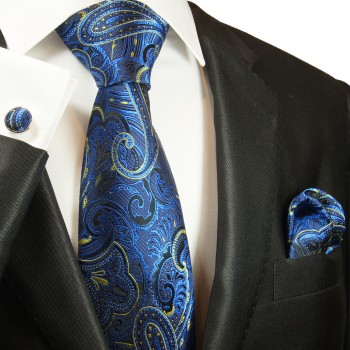 Krawatten Set 3tlg blaue Seidenkrawatte + Manschettenknöpfe + Einstecktuch 2044