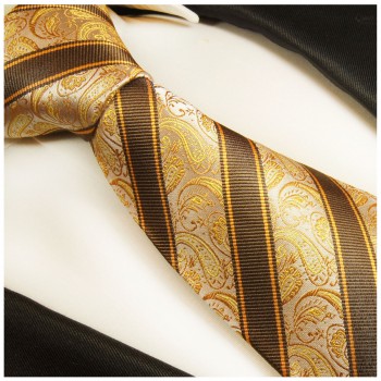 Krawatte braun gold gestreift Seidenkrawatte - Seide - Krawatte mit Einstecktuch und Manschettenknöpfe