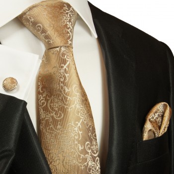 Brown gold necktie set 3pcs + handkerchief + cufflinks 2049