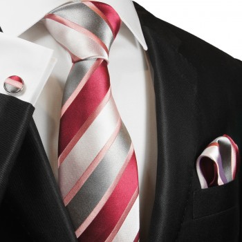 Krawatte rot pink silber gestreift Seidenkrawatte - Seide - Krawatte mit Einstecktuch und Manschettenknöpfe