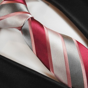 Krawatte rot pink silber gestreift Seidenkrawatte - Seide - Krawatte mit Einstecktuch und Manschettenknöpfe