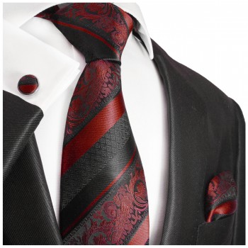 Krawatte weinrot barock gestreift Seidenkrawatte - Seide - Krawatte mit Einstecktuch und Manschettenknöpfe