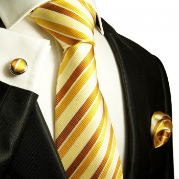 Gold brown necktie set 3pcs + handkerchief + cufflinks 272