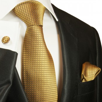 Krawatten Set 3tlg goldene Seidenkrawatte + Manschettenknöpfe + Einstecktuch 2045