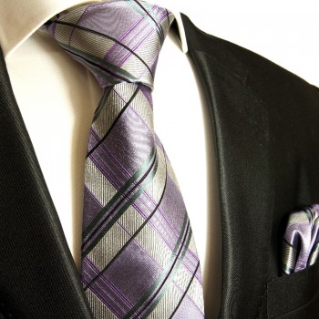 Grau violette Krawatten Set 2tlg Seidenkrawatte lila + Einstecktuch 507