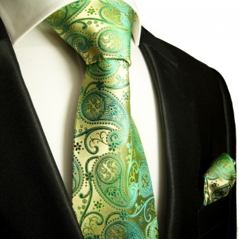 Gold grüne paisley Krawatten Set 2tlg Seidenkrawatte + Einstecktuch 817