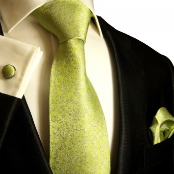 Green necktie set 3pcs 100% silk tie + handkerchief + cufflinks 973