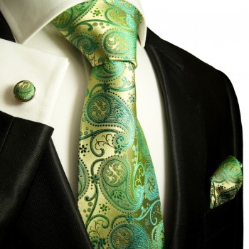 Green gold paisley necktie set 3pcs + handkerchief + cufflinks 817