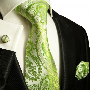 Green paisley necktie set 100% silk tie + handkerchief + cufflinks 805