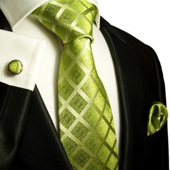 Green necktie set 3pcs + handkerchief + cufflinks 729