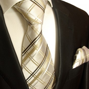 Silk necktie Set 2pcs. mens tie and pocket square ivory gold brown 943